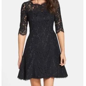 Eliza J Black Floral Lace Fit & Flare 3/4 Sleeve Cocktail Dress